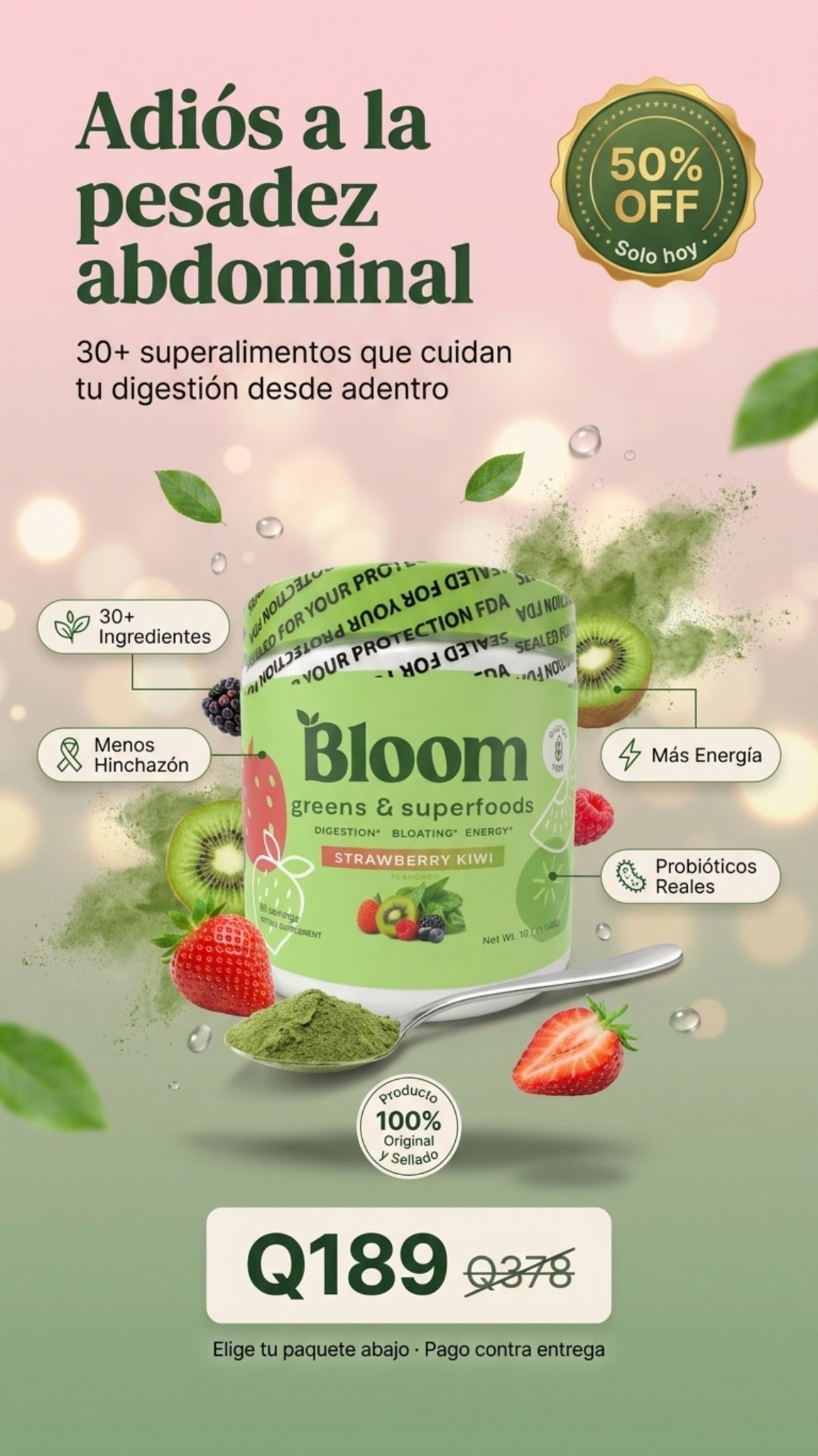 Bloom Greens & Superfoods® [Sabor Fresa-Kiwi]: Alivia la Inflamación y Mejora tu Digestión (Probióticos, Enzimas y Adaptógenos)