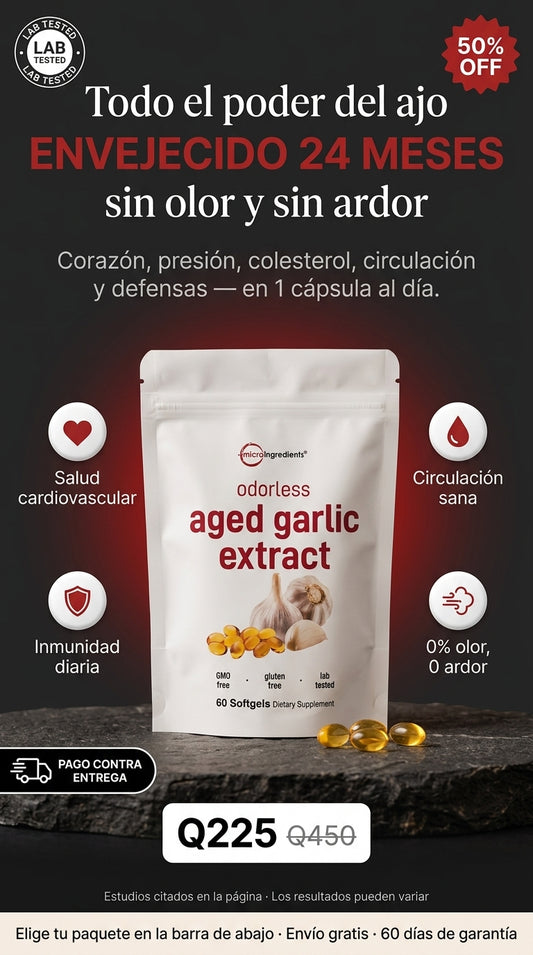 Cápsulas de Ajo Envejecido [60 Softgels de 500 mg]: Corazón, Presión, Colesterol y Defensas — Todos los Beneficios del Ajo (24 Meses de Añejado · 0% Olor)