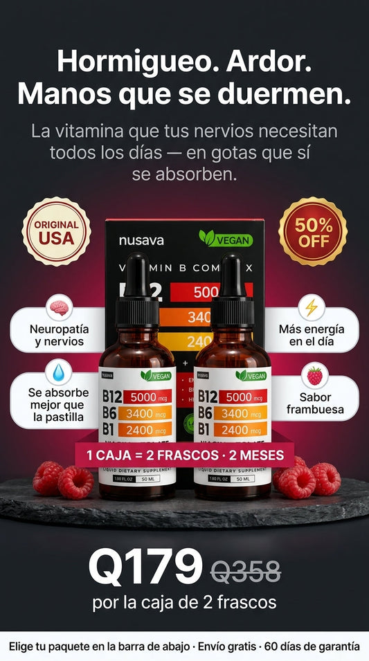 Complejo B líquido Nusava — caja con 2 frascos, neuropatía y nervios