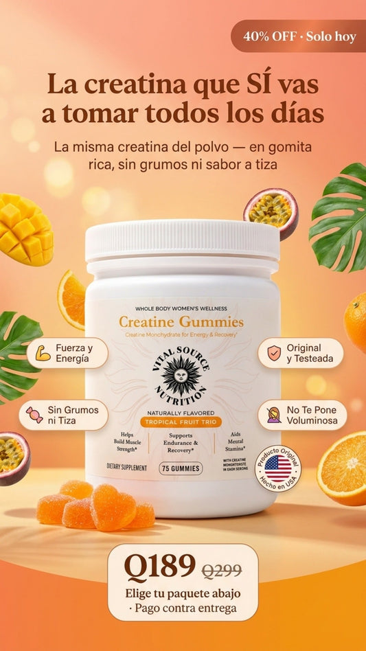 Gomitas de Creatina para Mujer [75 Gomitas]: Fuerza, Energía y Recuperación Sin el Polvo Horrible (Creatina Monohidratada Original USA, Sabor Tropical)